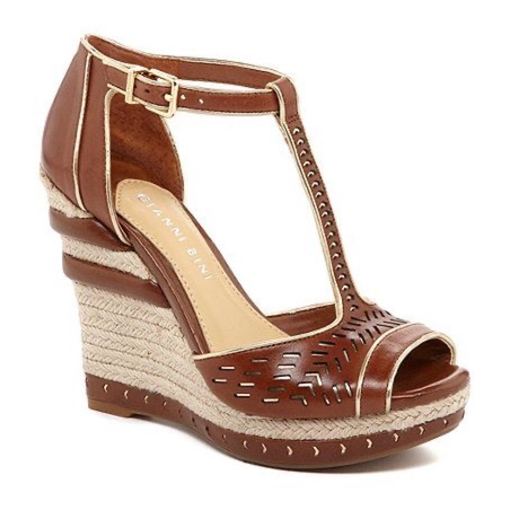 Gianni Bini Brown Leather T-Strap Espadrille Wedges